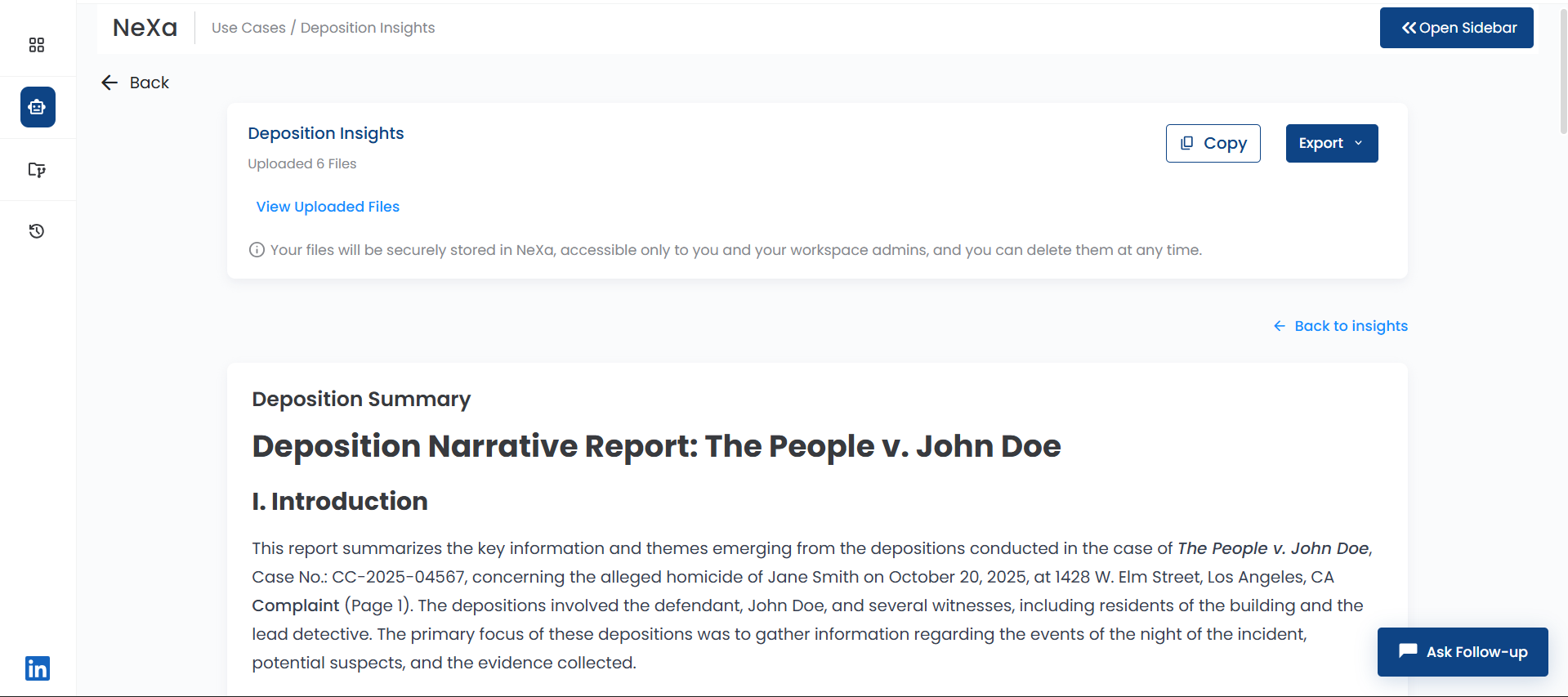 NexLaw Deposition Insights Dashboard