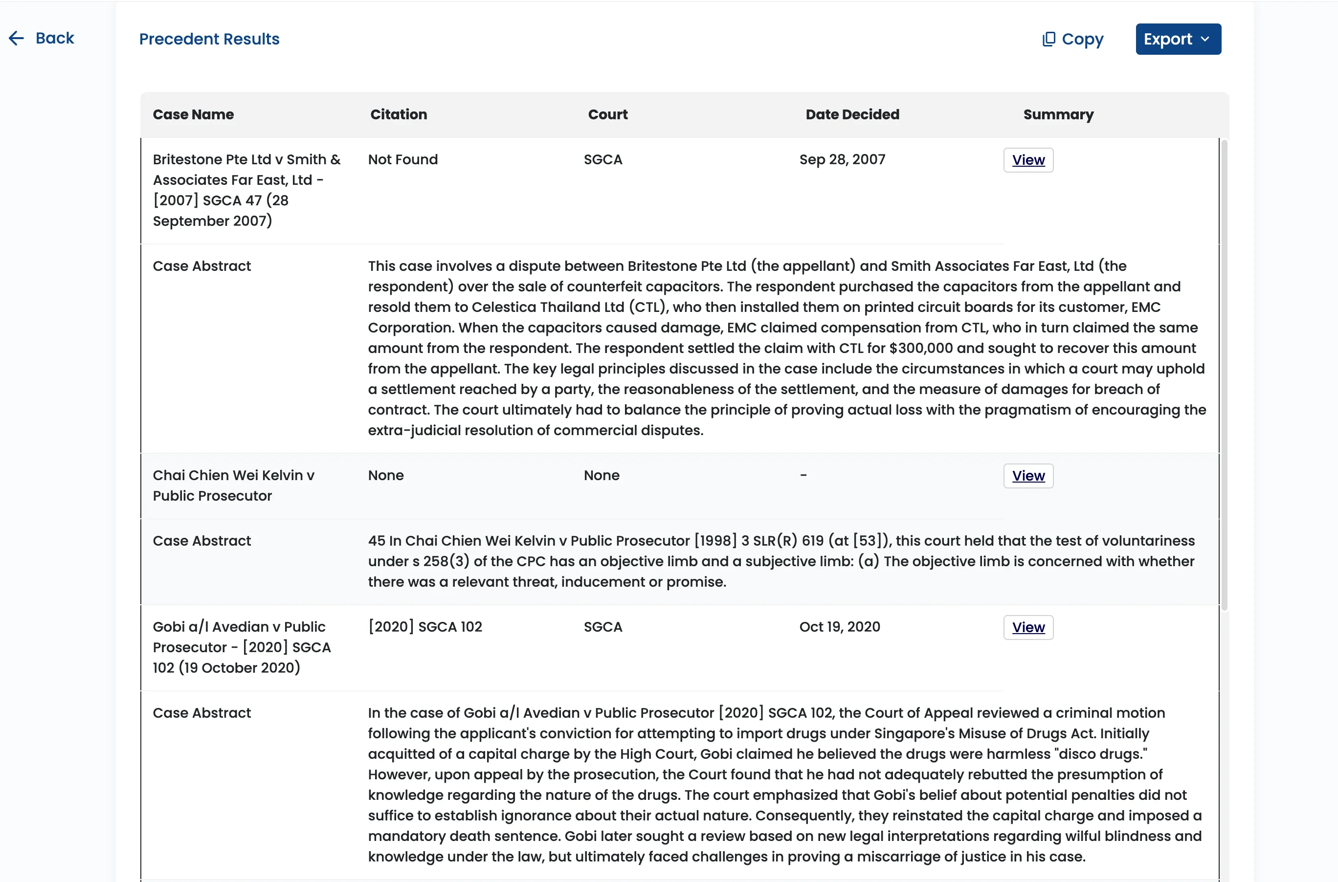 NexLaw Find Precedents Dashboard