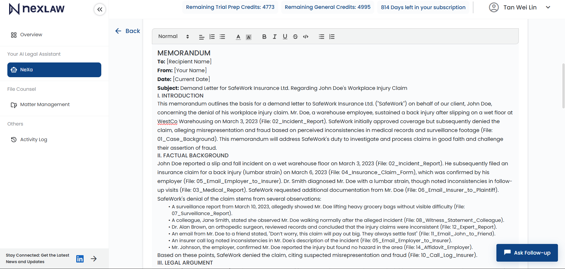 NexLaw Draft Legal Memo Dashboard